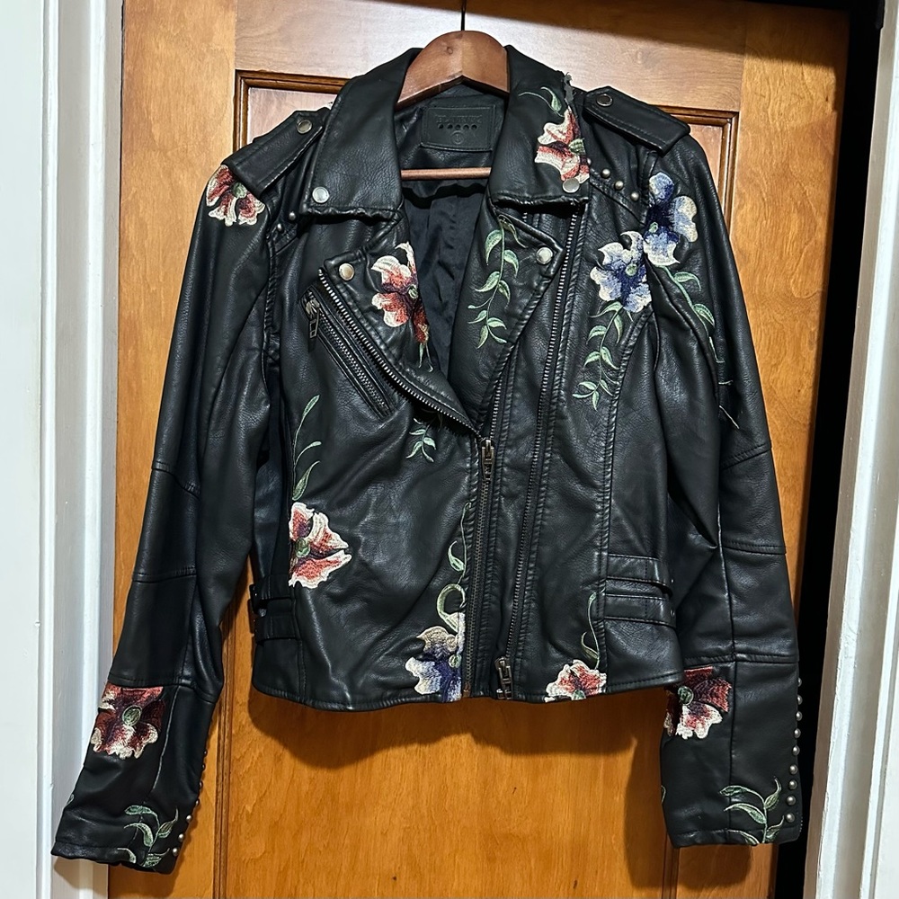 BLANKNYC Black Floral Vegan Moto Jacket